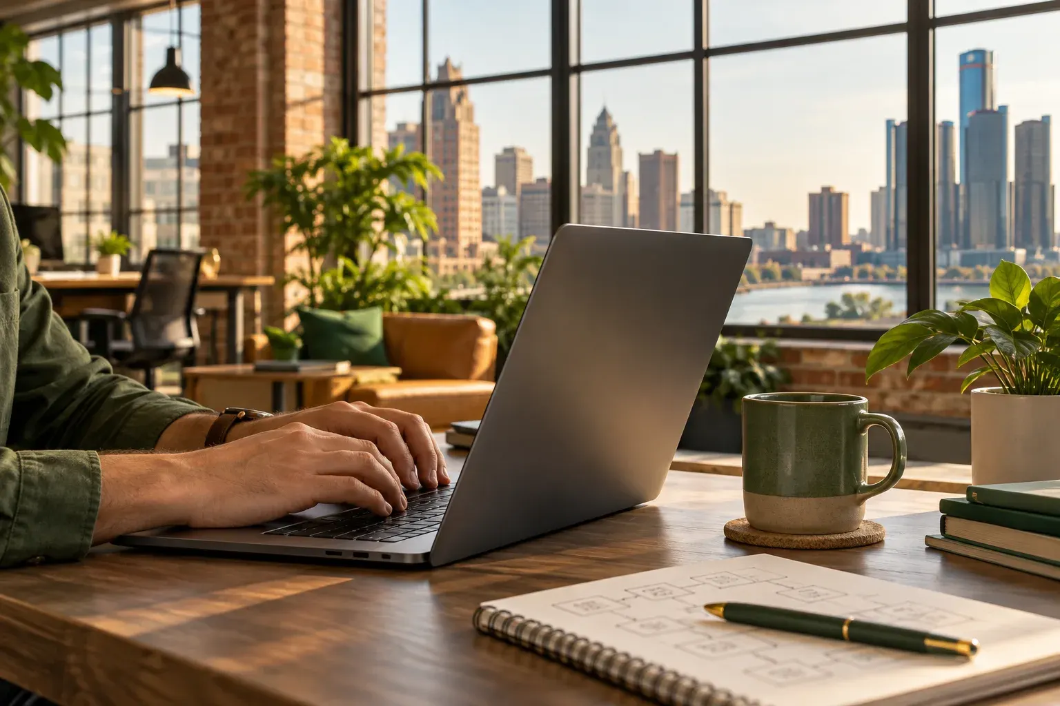 Laptop on a desk overlooking downtown Detroit