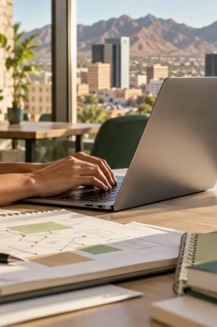 Laptop on a desk overlooking downtown El Paso