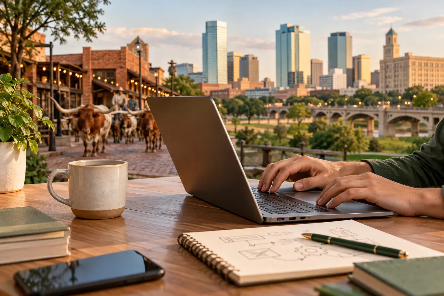 Laptop on a desk overlooking downtown Fort Worth