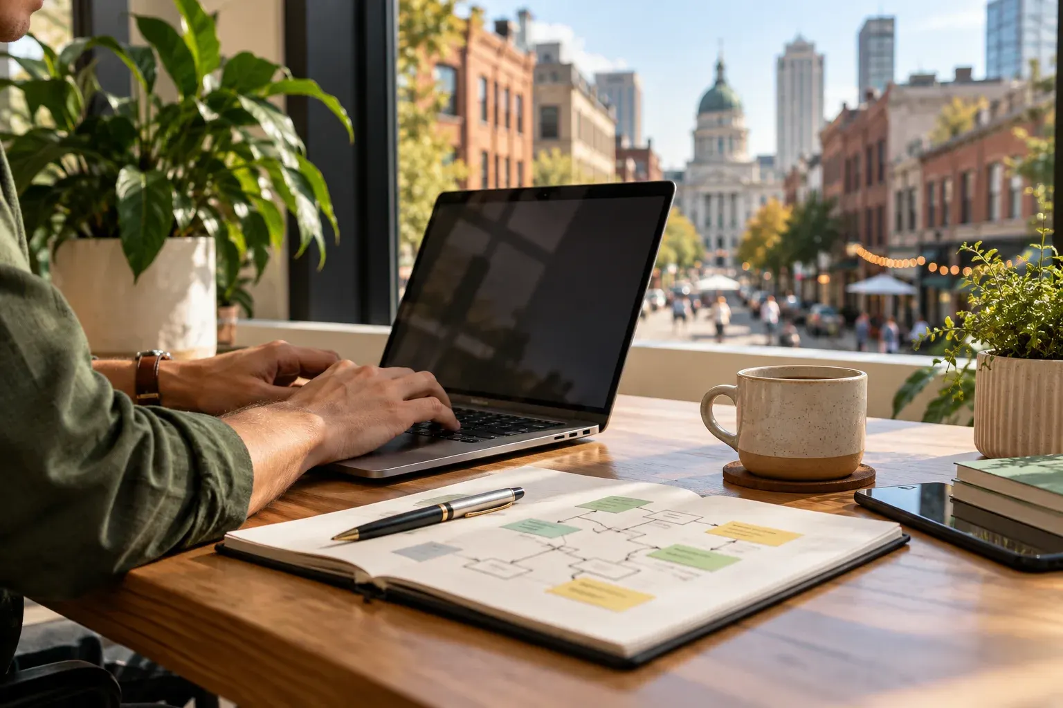 Laptop on a desk overlooking downtown Indianapolis