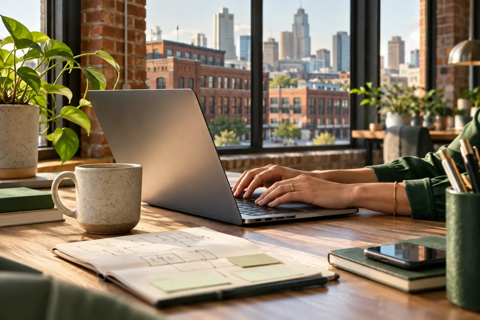 Laptop on a desk overlooking downtown Kansas City