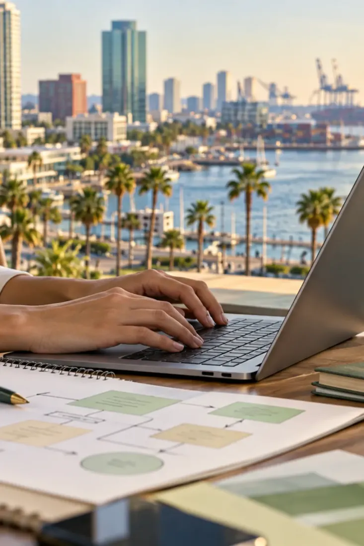 Laptop on a desk overlooking downtown Long Beach