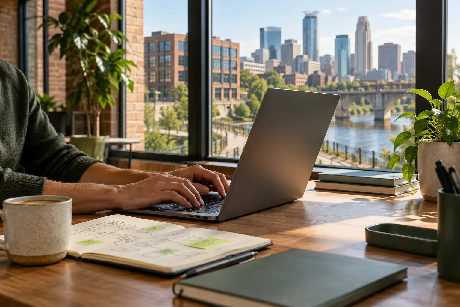 Laptop on a desk overlooking downtown Minneapolis