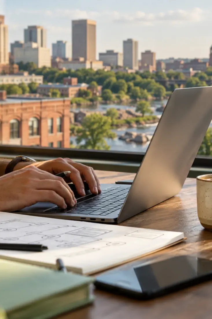 Laptop on a desk overlooking downtown Richmond