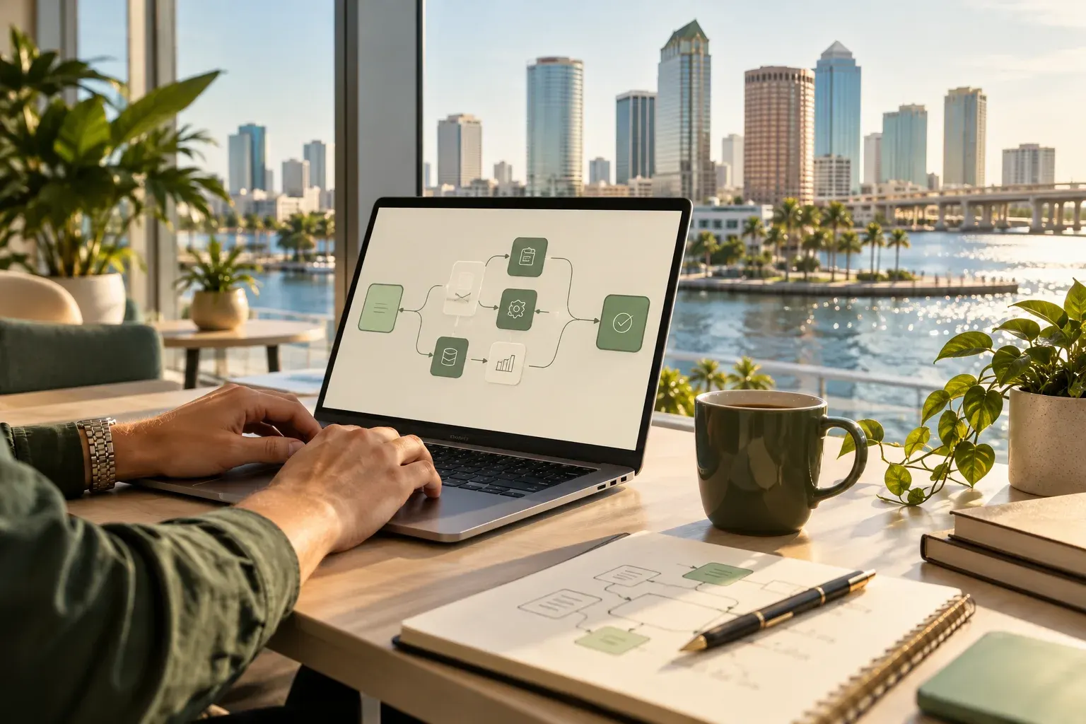 Laptop on a desk overlooking downtown Tampa