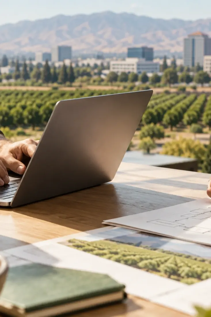 Laptop on a desk overlooking Fresno farmland