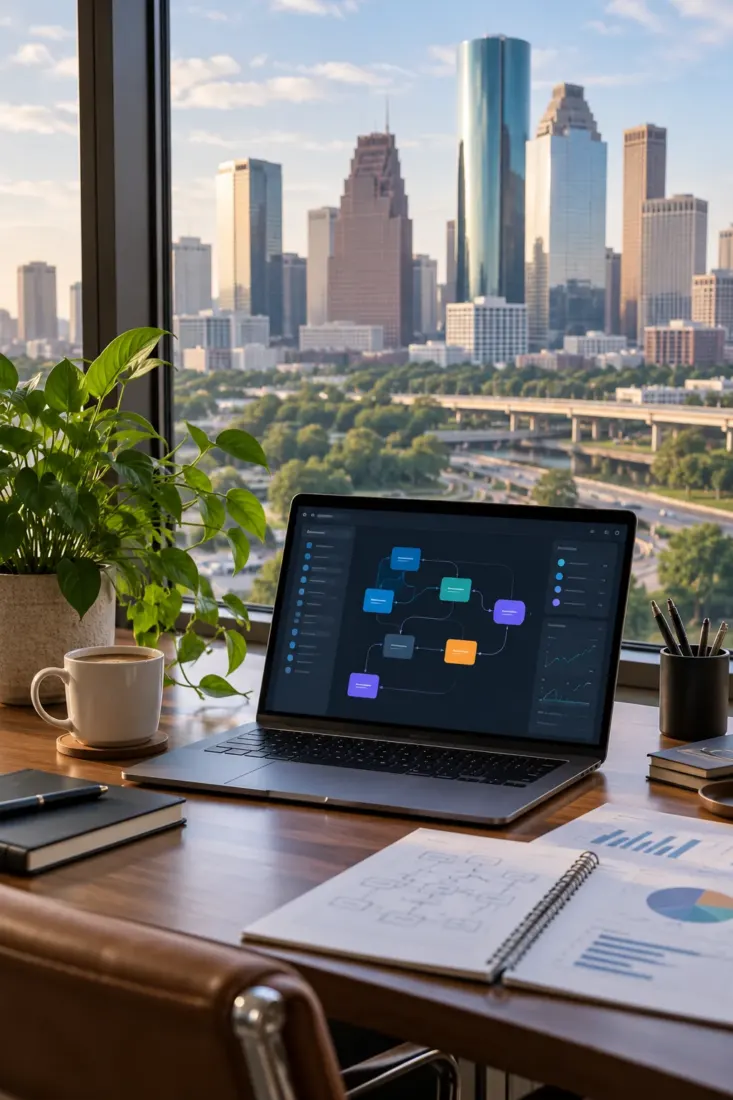 Laptop on a desk overlooking the Houston skyline