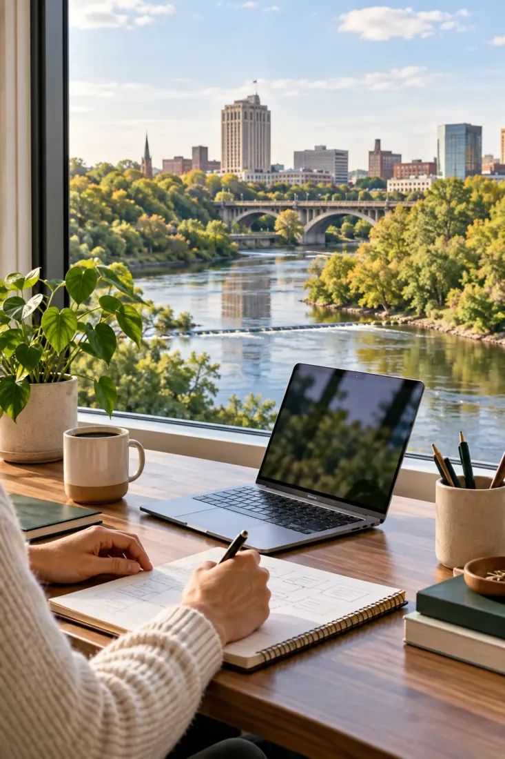 Laptop on a desk overlooking an Indiana river city