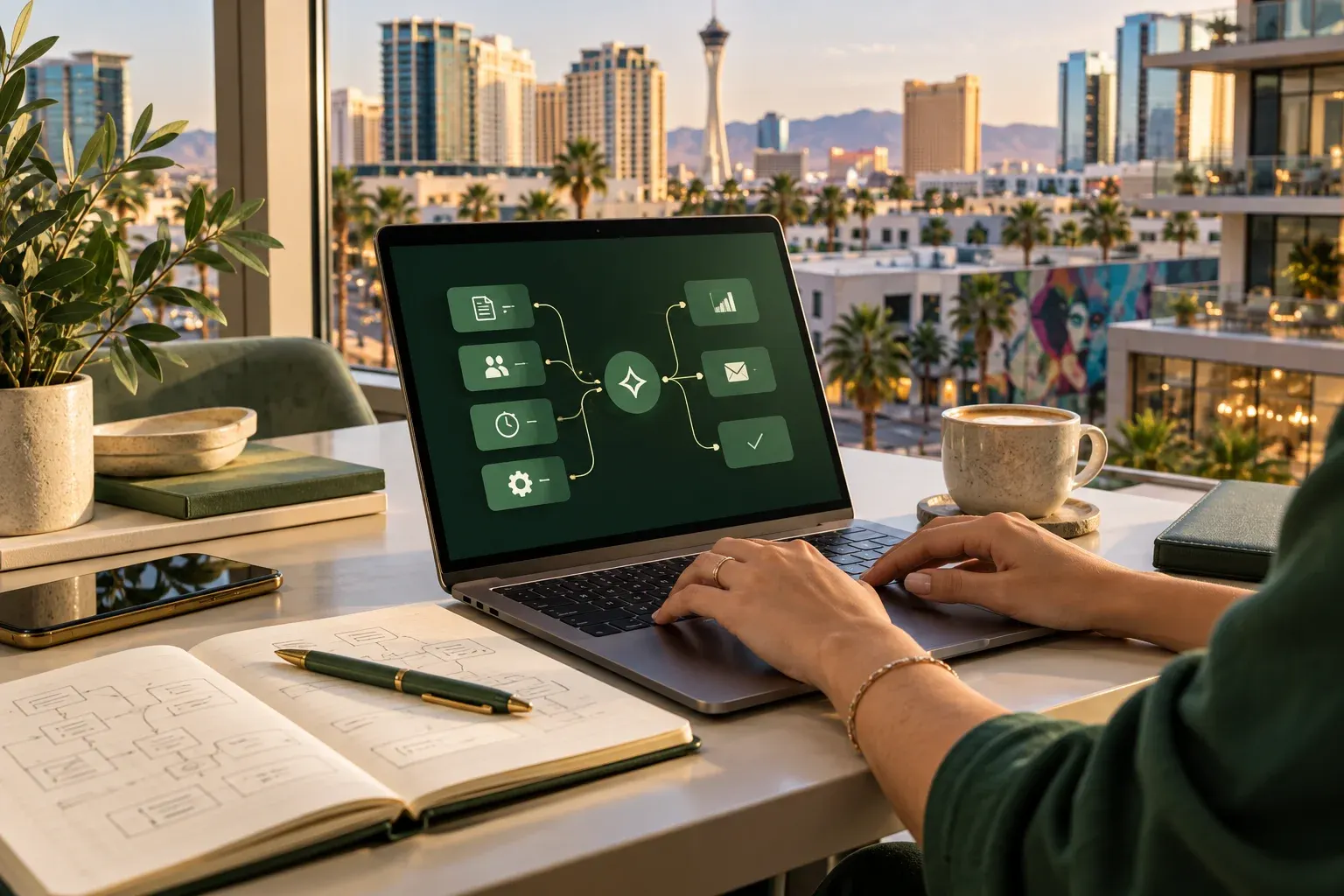 Laptop on a desk overlooking the Las Vegas skyline