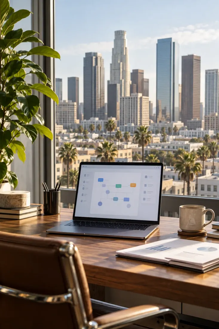 Laptop on a desk overlooking the Los Angeles skyline