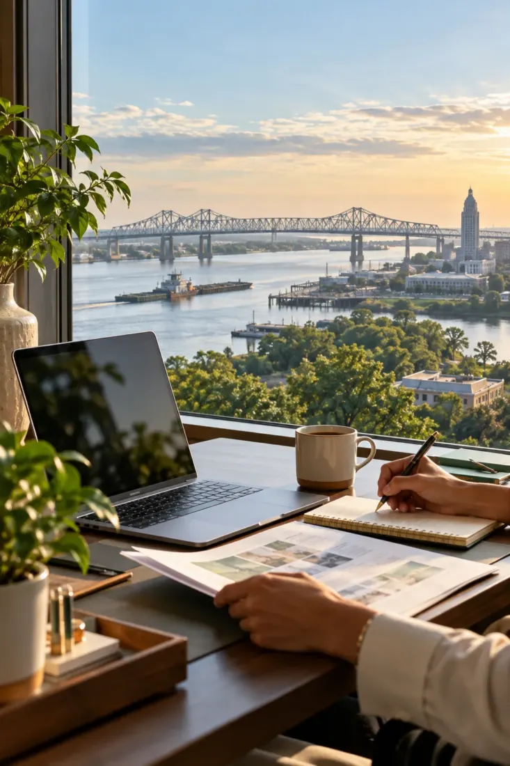 Laptop on a desk overlooking a Louisiana river bridge