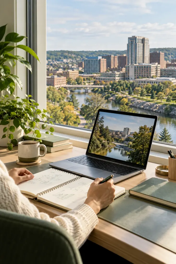 Laptop on a desk overlooking a Minnesota city