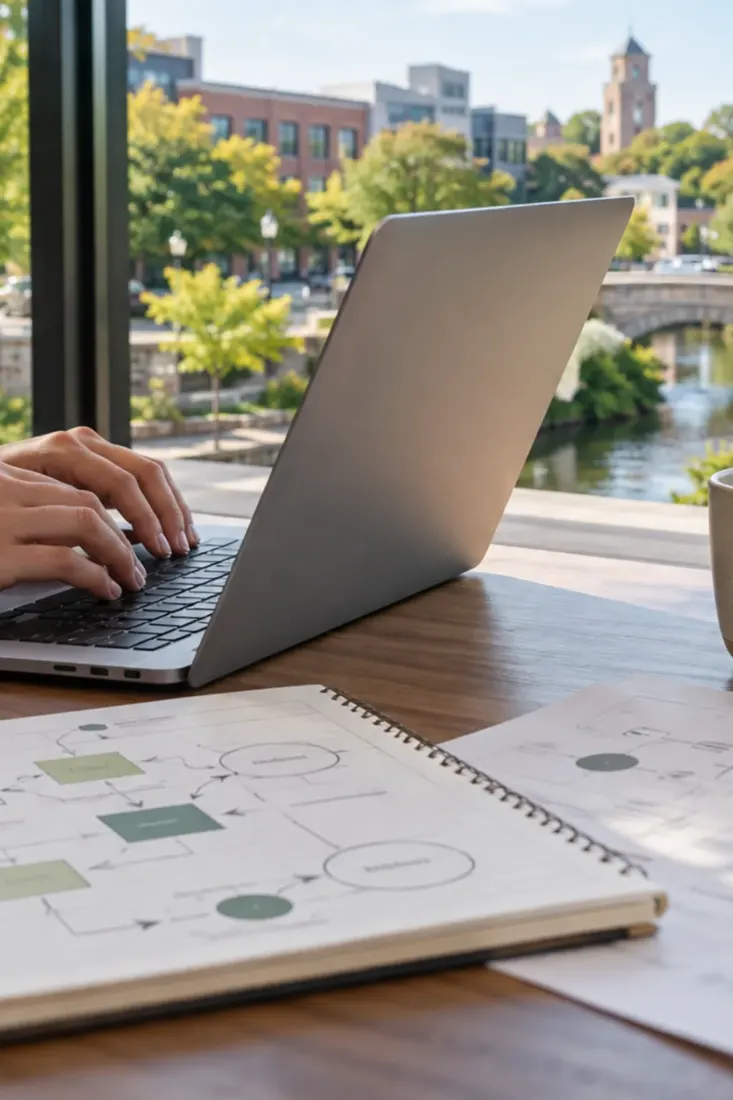 Laptop on a desk overlooking the Naperville Riverwalk