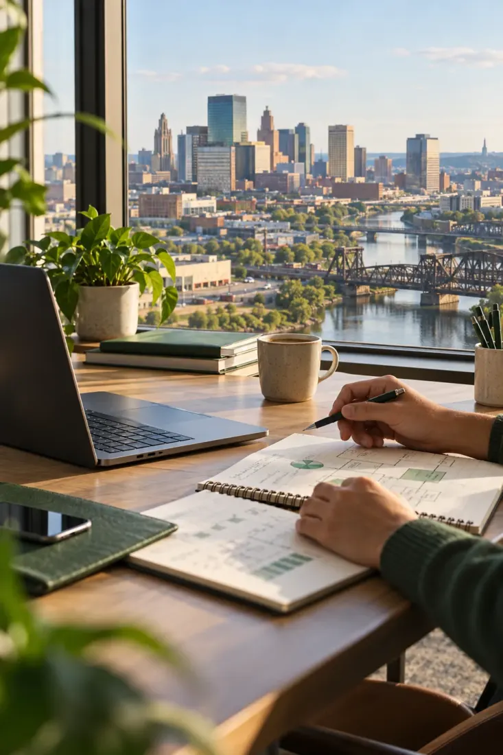 Laptop on a desk overlooking a New Jersey city
