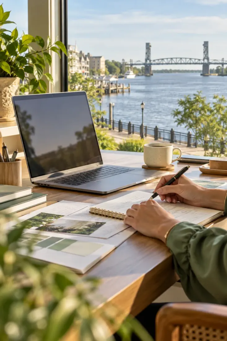 Laptop on a desk overlooking a North Carolina harbor
