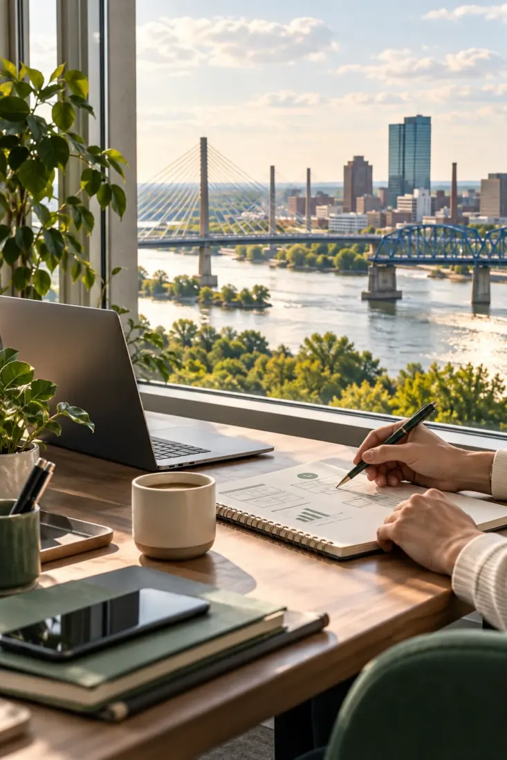 Laptop on a desk overlooking an Ohio river city