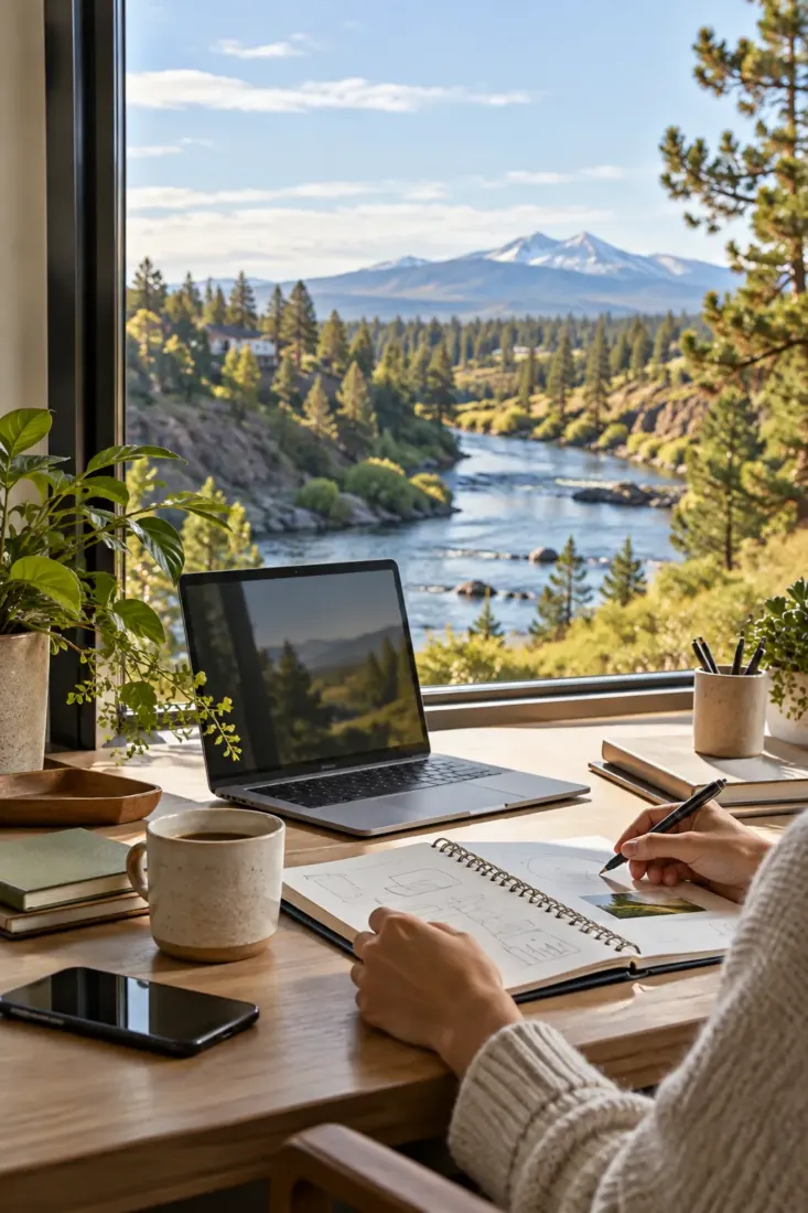 Laptop on a desk overlooking an Oregon river