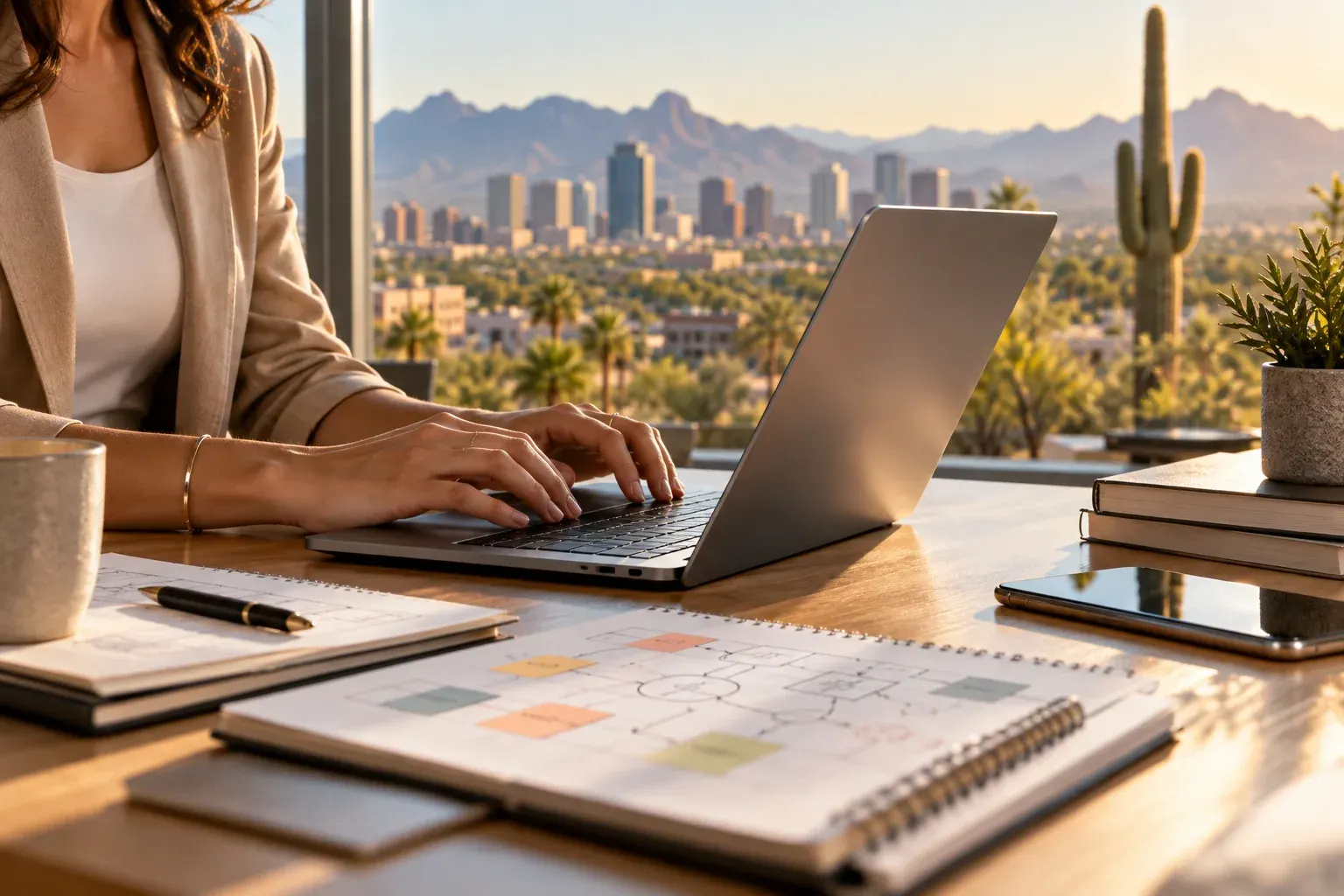 Laptop on a desk overlooking Phoenix and the mountains