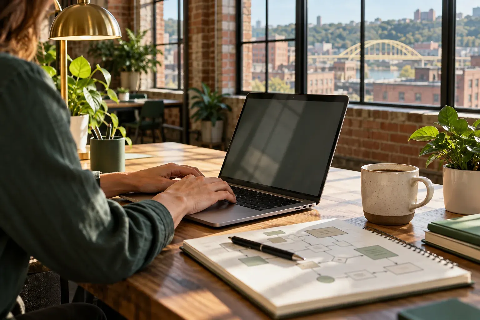 Laptop on a desk overlooking a Pittsburgh bridge