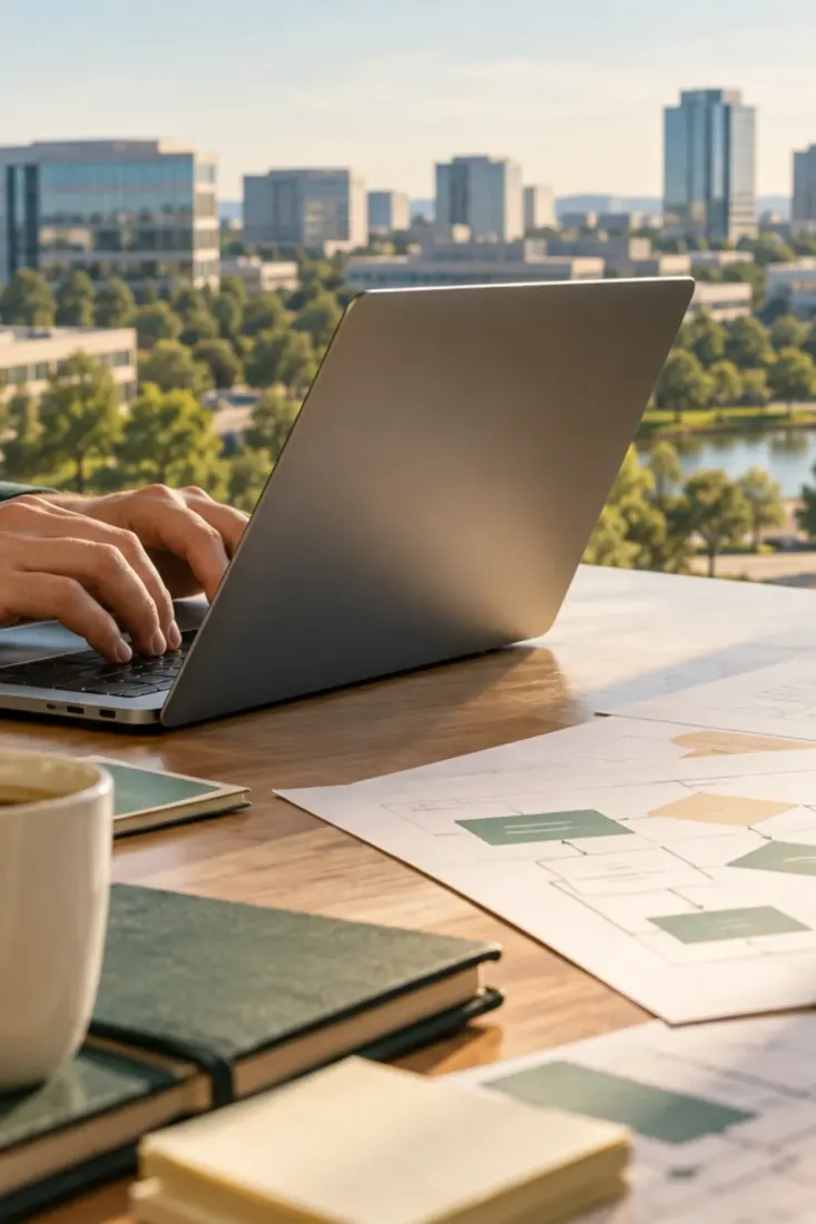 Laptop on a desk overlooking Plano office buildings