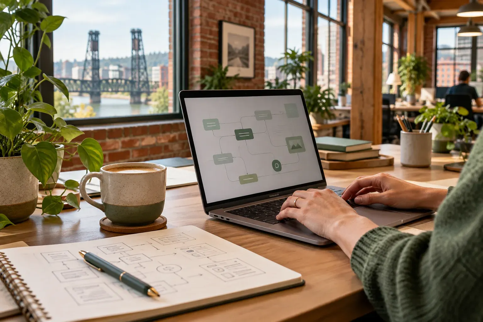 Laptop on a desk overlooking a Portland bridge