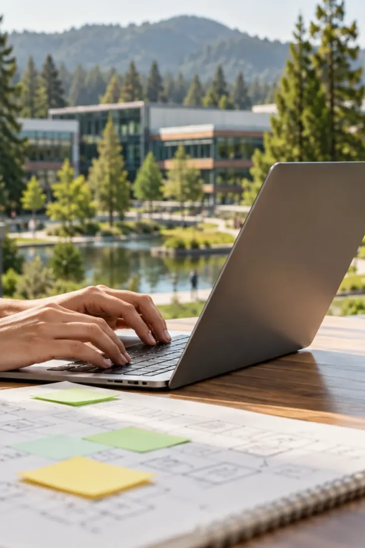 Laptop on a desk overlooking a Redmond campus pond