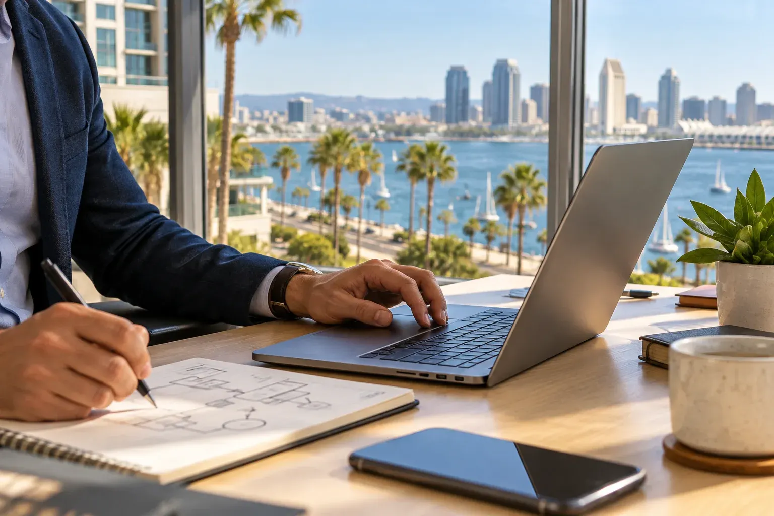 Laptop on a desk overlooking the San Diego skyline