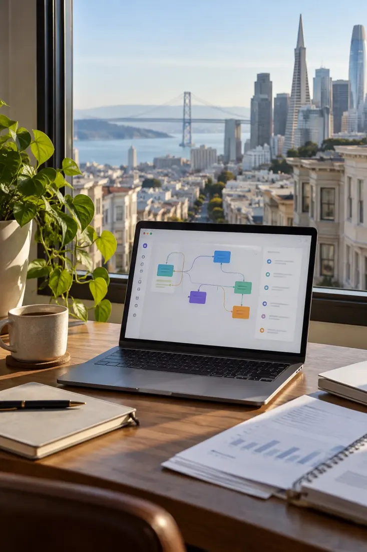 Laptop on a desk overlooking San Francisco
