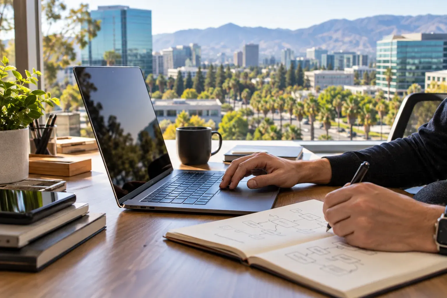 Laptop on a desk overlooking San Jose office towers