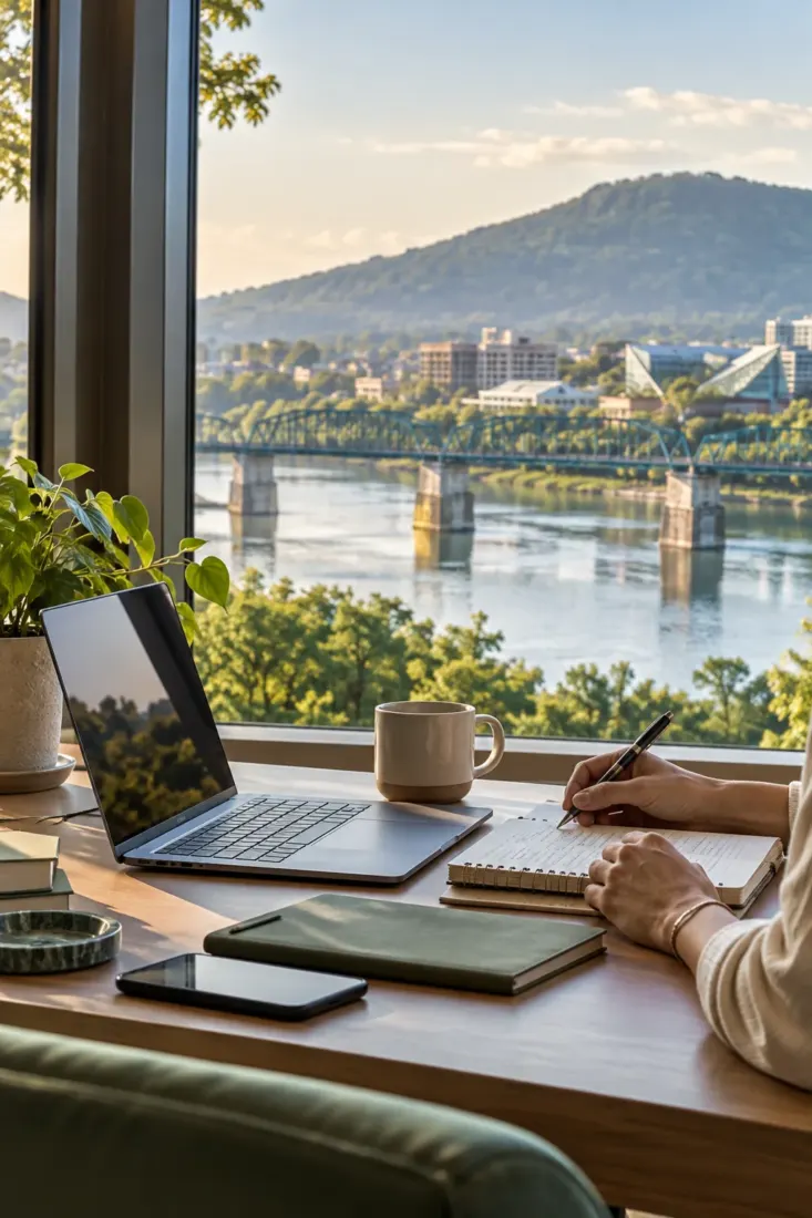 Laptop on a desk overlooking a Tennessee river city
