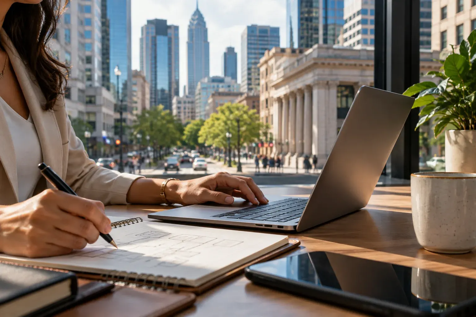 Laptop on a desk overlooking Uptown Charlotte