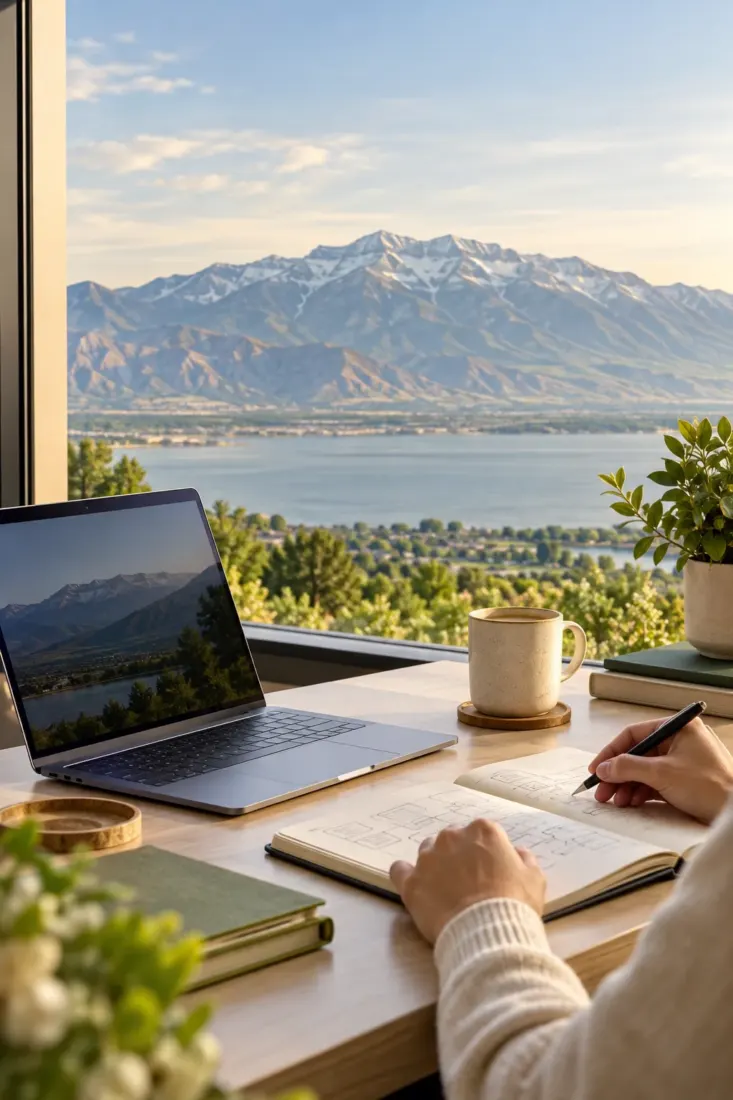 Laptop on a desk overlooking a Utah valley