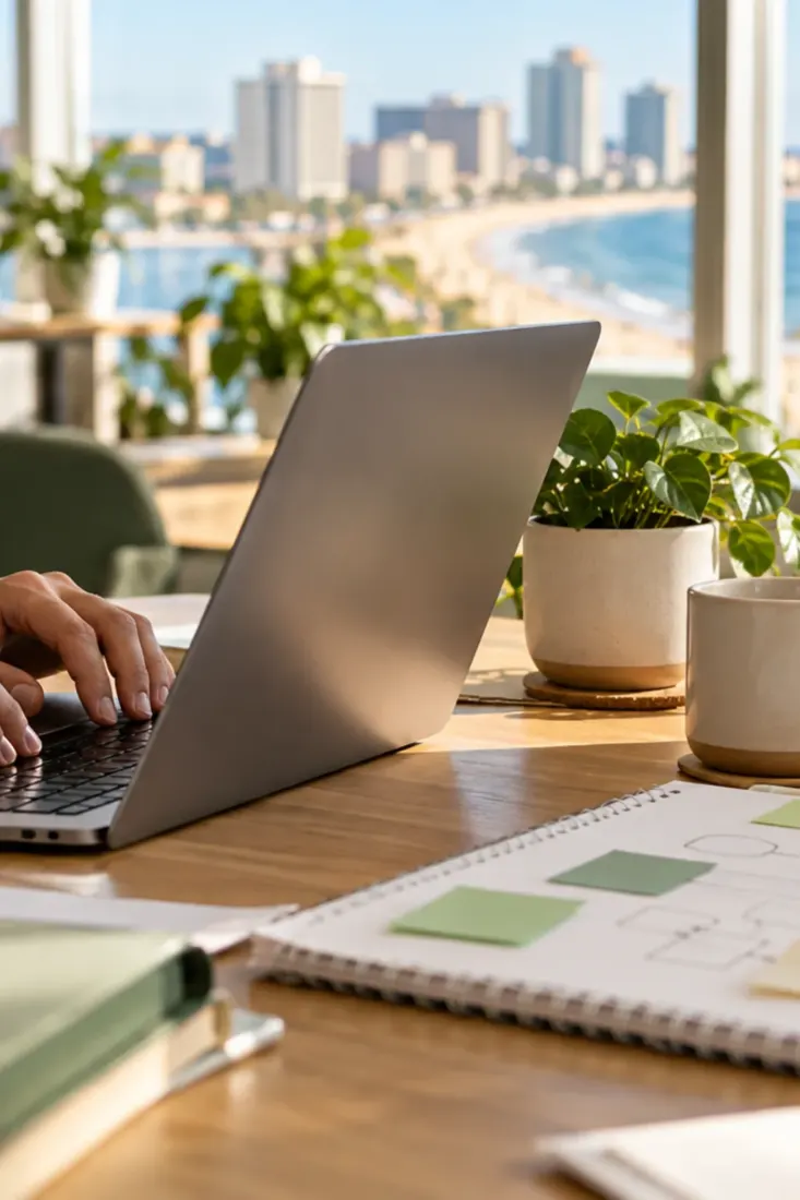 Laptop on a desk overlooking the Virginia Beach oceanfront