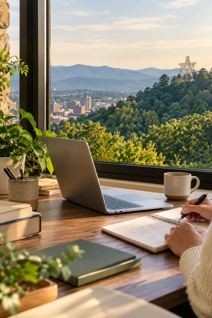 Laptop on a desk overlooking Virginia hills