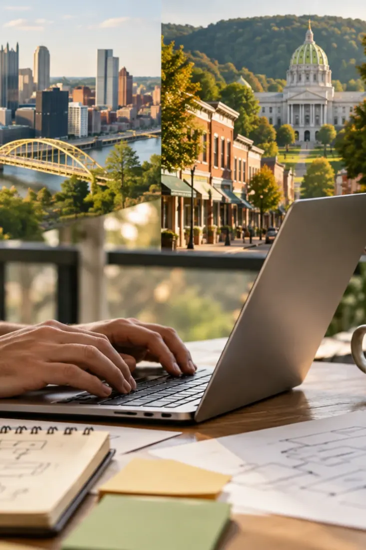 Laptop on a desk with the Pennsylvania Capitol in view