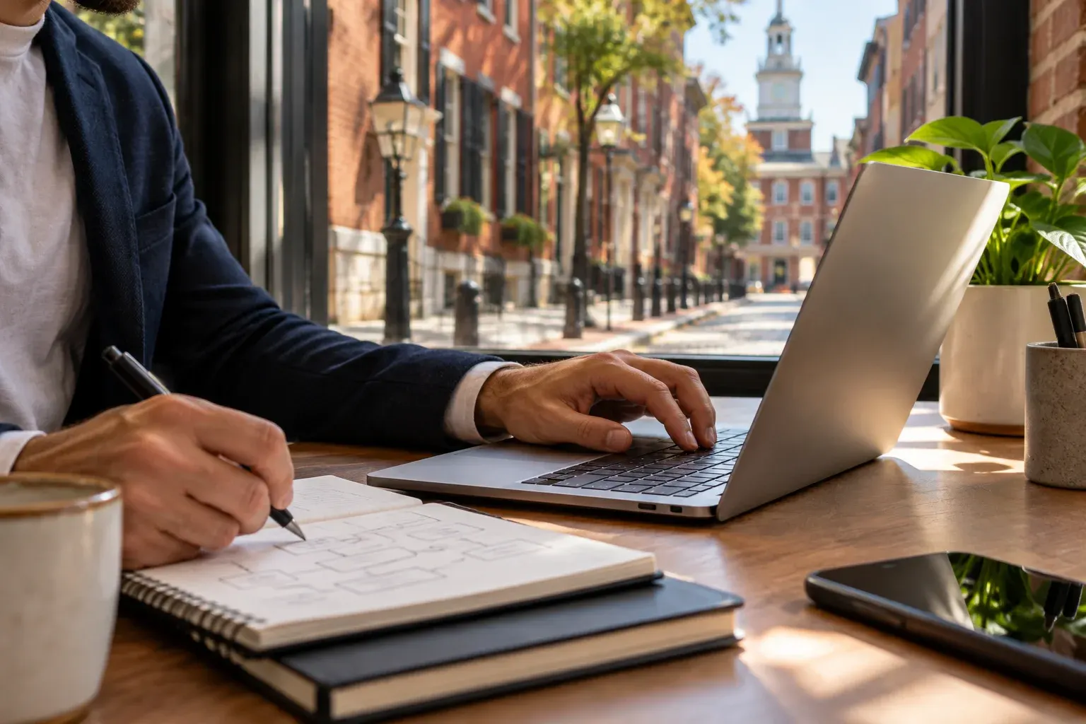 Laptop on a desk with a view of Philadelphia rowhouses