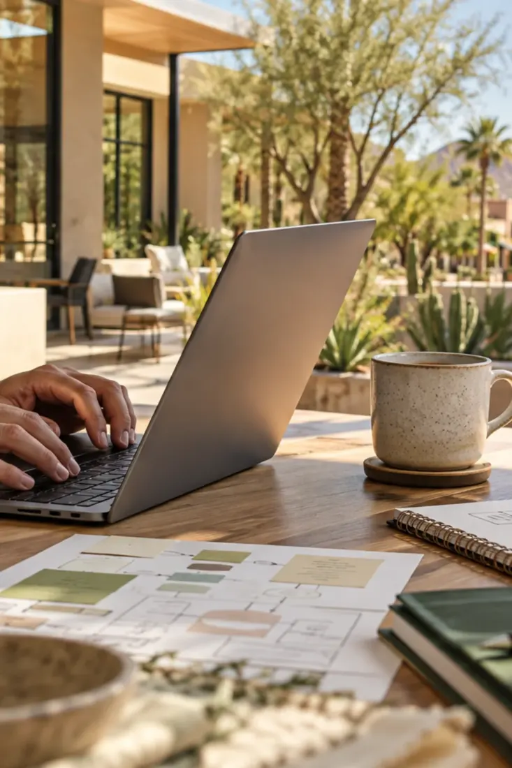 Laptop on a desk in a Scottsdale office with desert plants