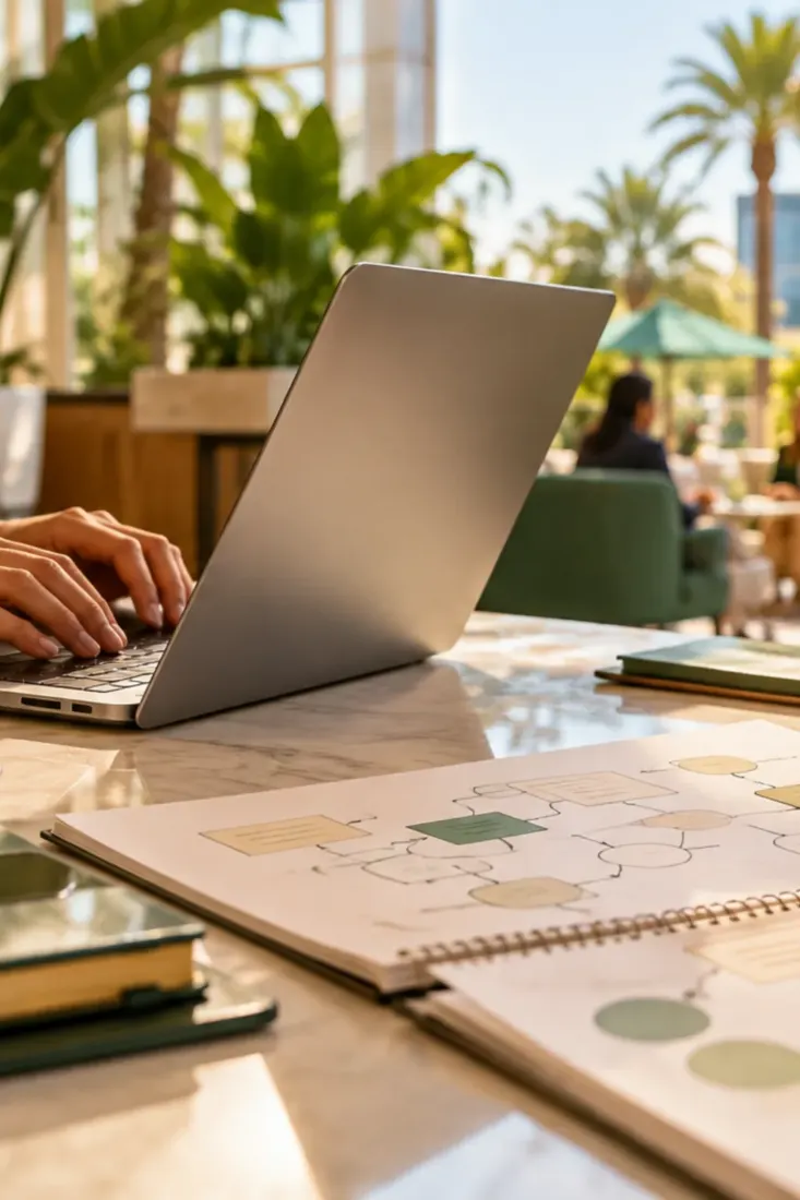 Laptop on a desk in a sunny Anaheim office