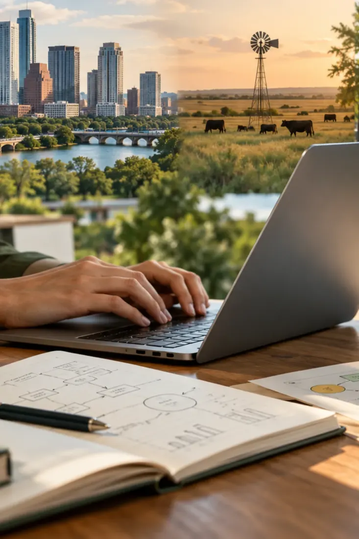 Laptop on a desk with a Texas skyline and windmill in view