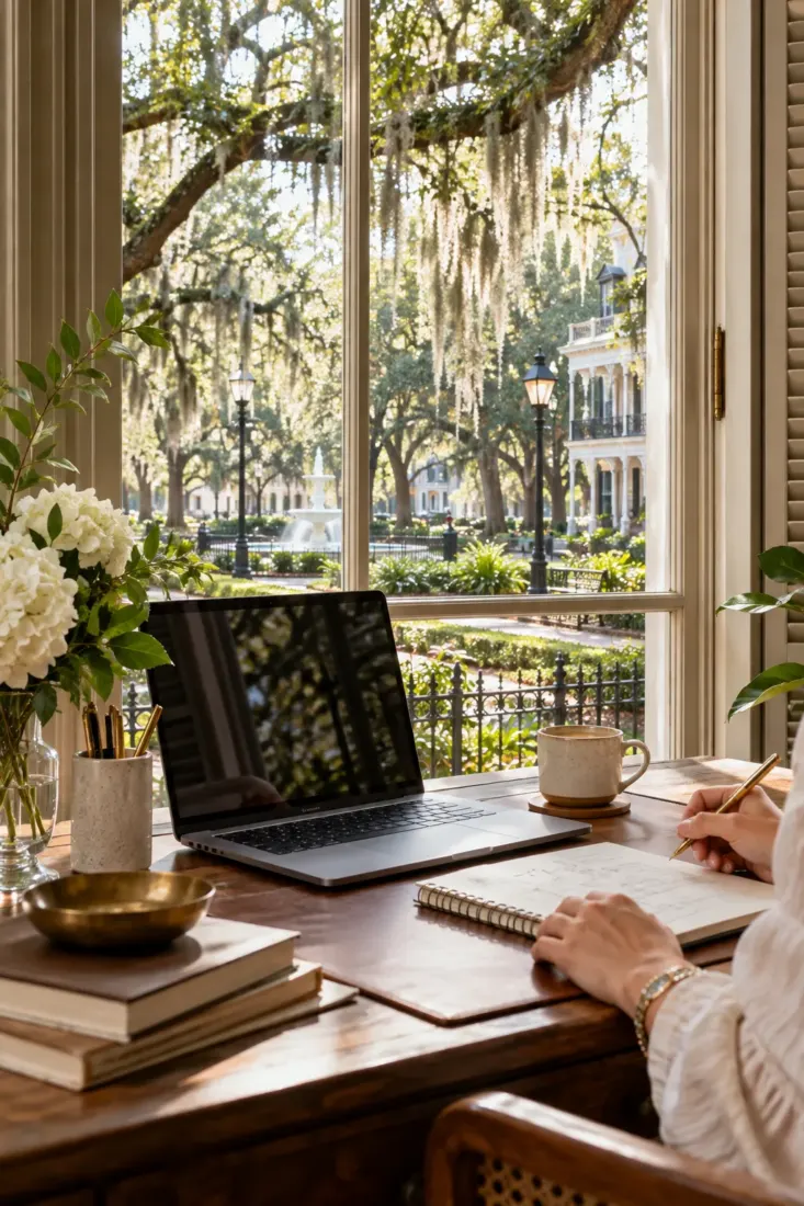 Laptop on a desk under Spanish moss in Georgia