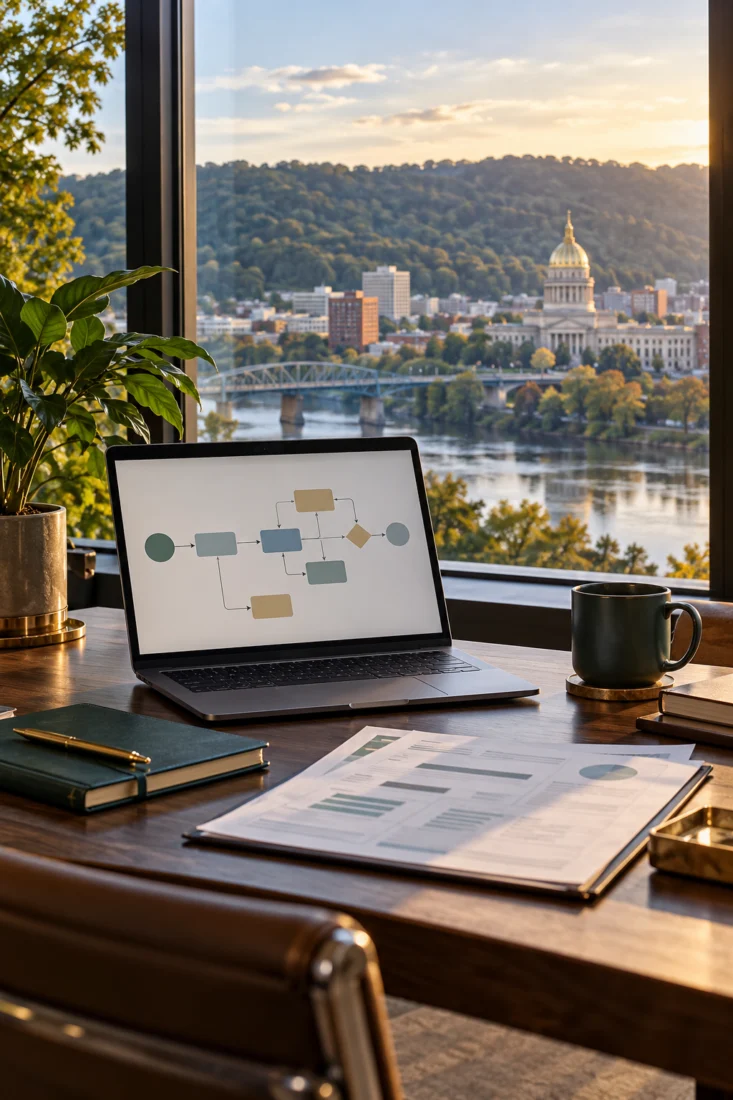 Laptop on a desk with a West Virginia capitol view