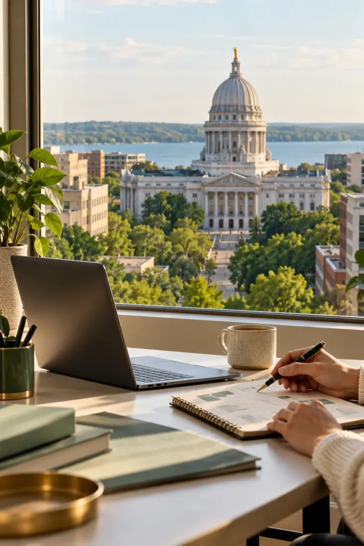 Laptop on a desk with the Wisconsin Capitol in view