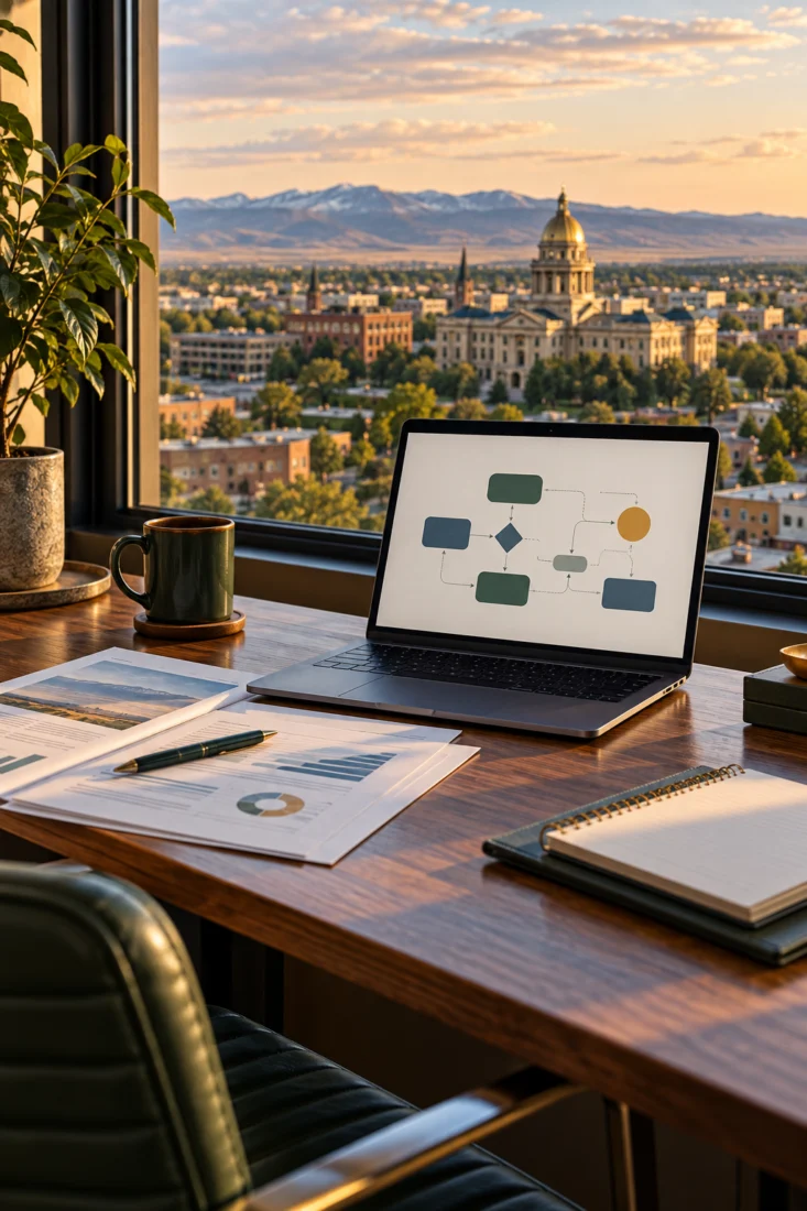 Laptop on a desk with a Wyoming capitol view
