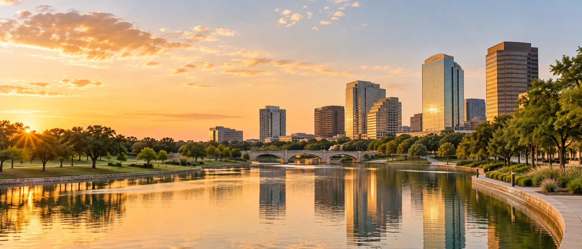 Las Colinas towers and lake in Irving at sunset, where DevSolutionsAI provides AI services in Irving