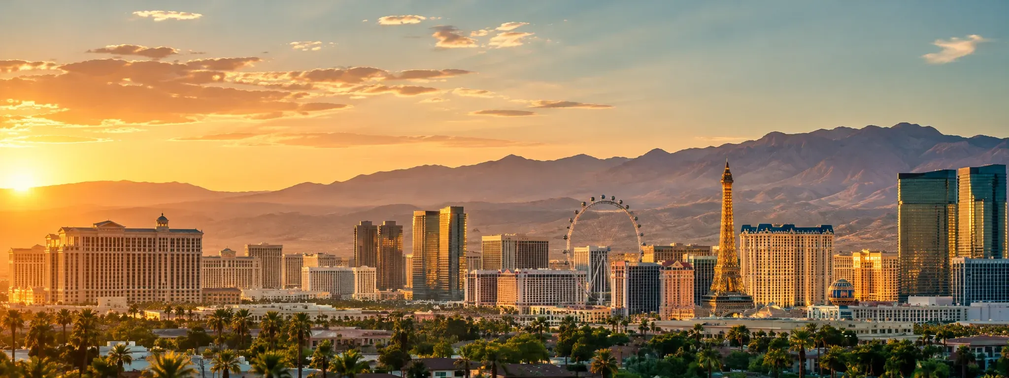 Las Vegas skyline with desert mountains at sunset, where DevSolutionsAI provides AI services in Las Vegas
