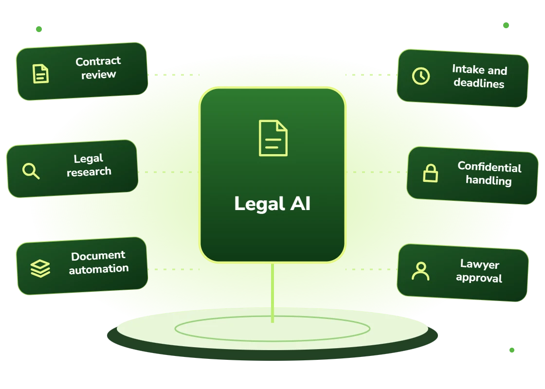 Legal AI solutions for contract review, legal research, document automation, intake and deadlines, confidential handling and lawyer approval