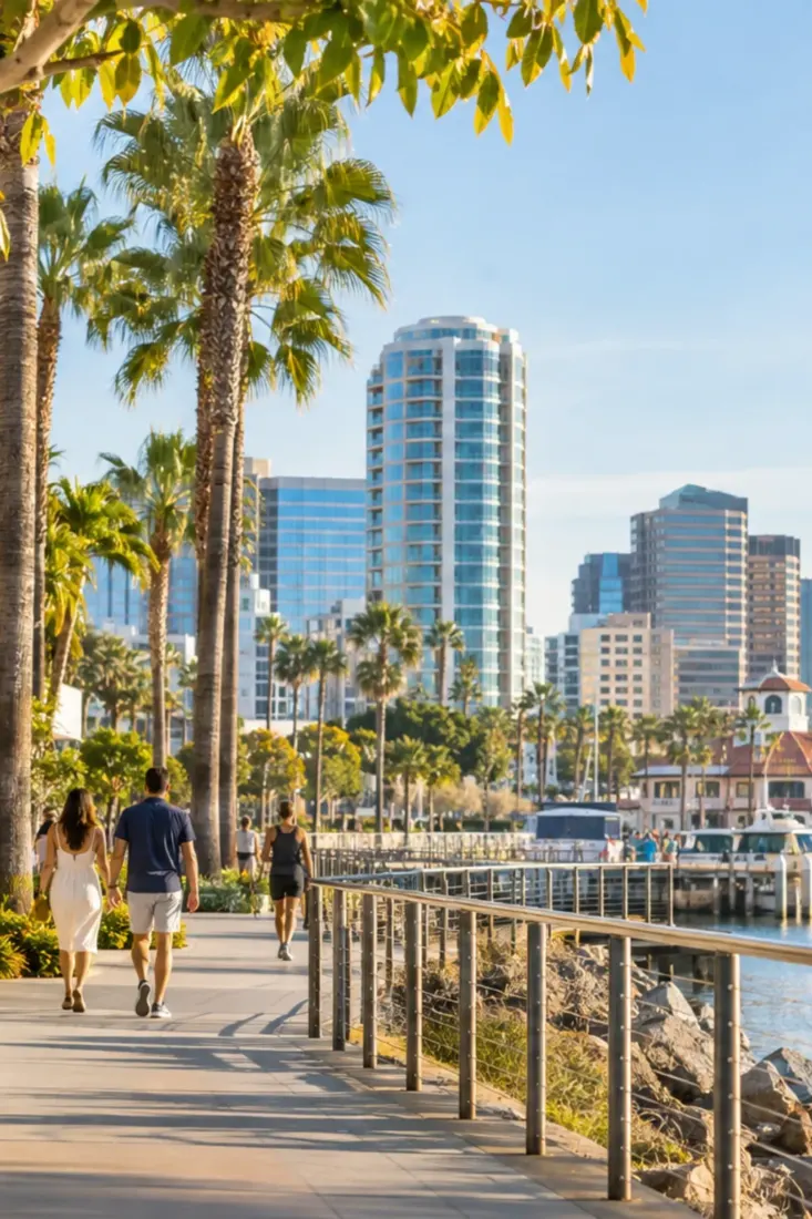 Long Beach boardwalk with palms and towers