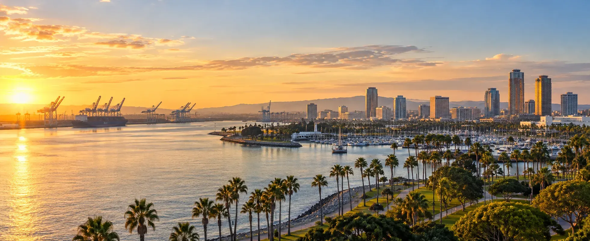 Long Beach skyline and harbor at sunset, where DevSolutionsAI provides AI services in Long Beach