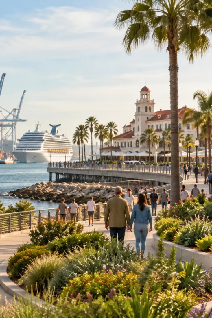 Long Beach waterfront with palms and the harbor