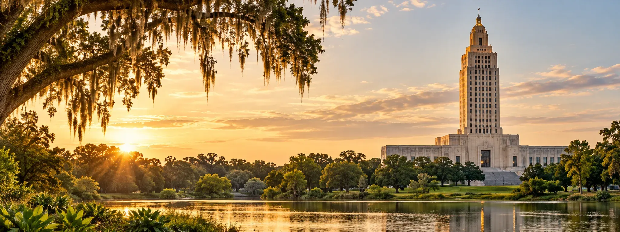 Louisiana State Capitol and river at sunset, where DevSolutionsAI provides AI services in Louisiana